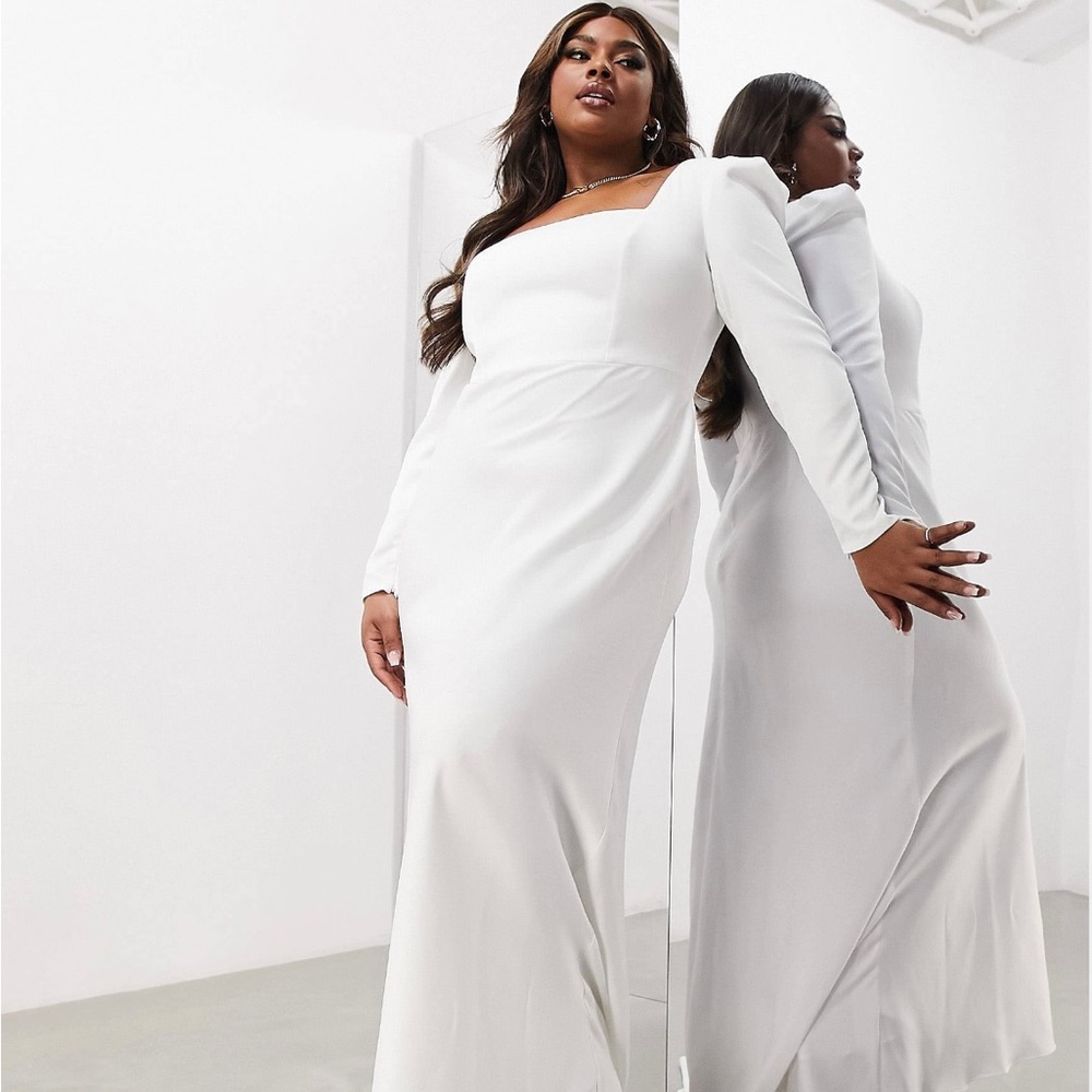 ASOS DESIGN Curve Gigi satin square neck long sleeve wedding dress in ivory